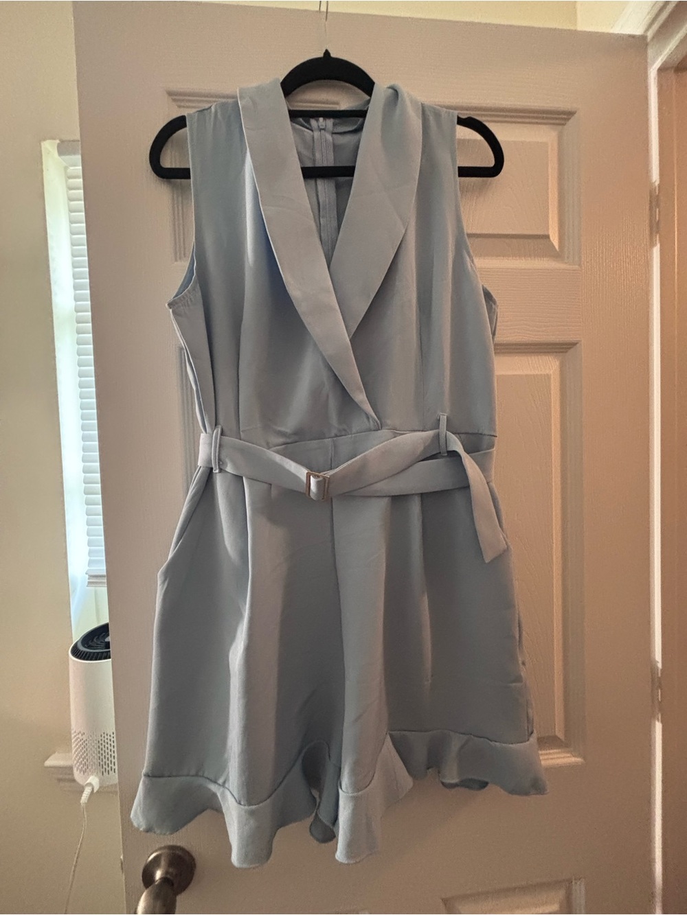 Light Blue Sleeveless Belted Ruffle Romper
